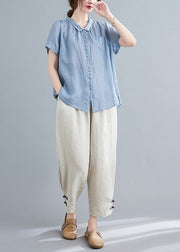 Blue Low High Design Top And Harem Pants Two Pieces Set Short Sleeve