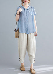 Blue Low High Design Top And Harem Pants Two Pieces Set Short Sleeve