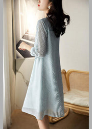 Blue O-Neck Button Tulle Holiday Dress Long Sleeve