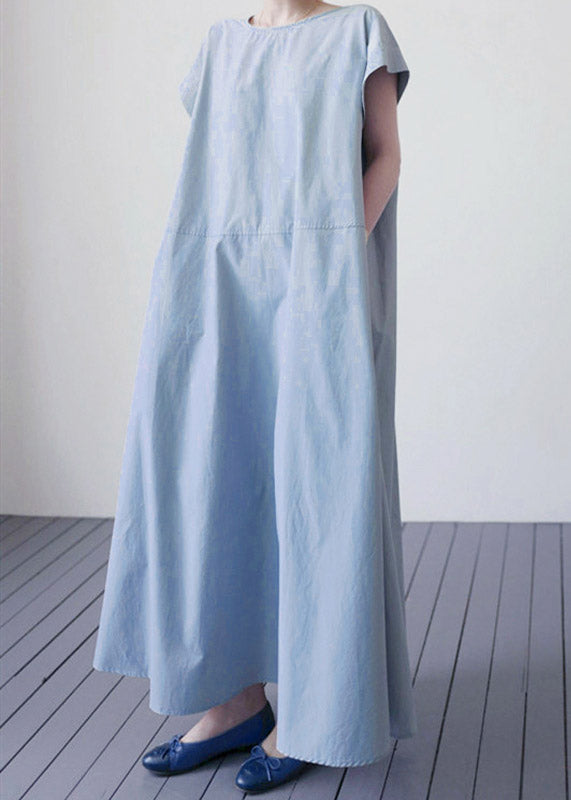 Blue O-Neck Patchwork Solid Maxi Dress Short Sleeve