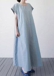 Blue O-Neck Patchwork Solid Maxi Dress Short Sleeve