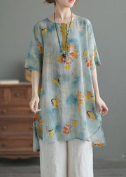 Blue O-Neck Print Low High Design Linen Shirts Half Sleeve