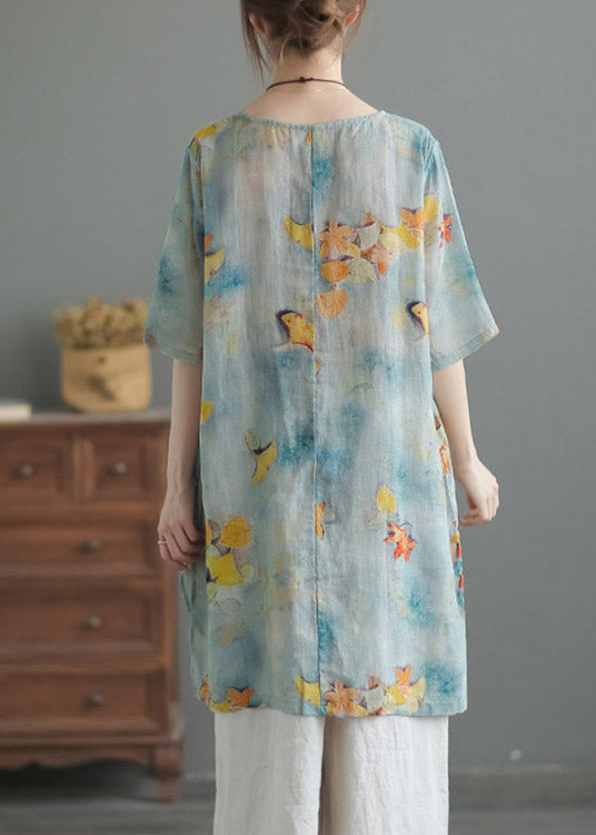 Blue O-Neck Print Low High Design Linen Shirts Half Sleeve