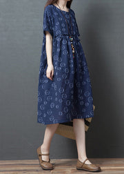 Blue O-Neck Ruffled Patchwork Long Dresses Summer