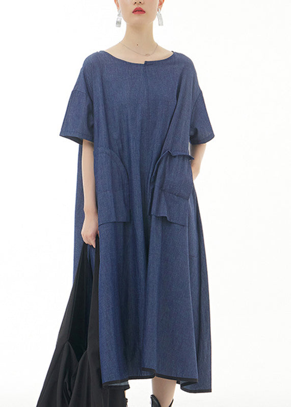 Blue O-Neck Solid Cotton Maxi Dress Short Sleeve