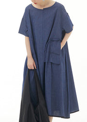 Blue O-Neck Solid Cotton Maxi Dress Short Sleeve