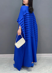 Blue O-Neck Wrinkled Solid Loose Dress Summer