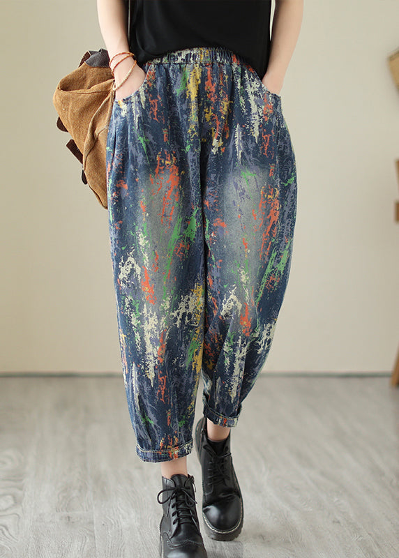 Blue Paintings Denim Harem Pants Oversized Spring