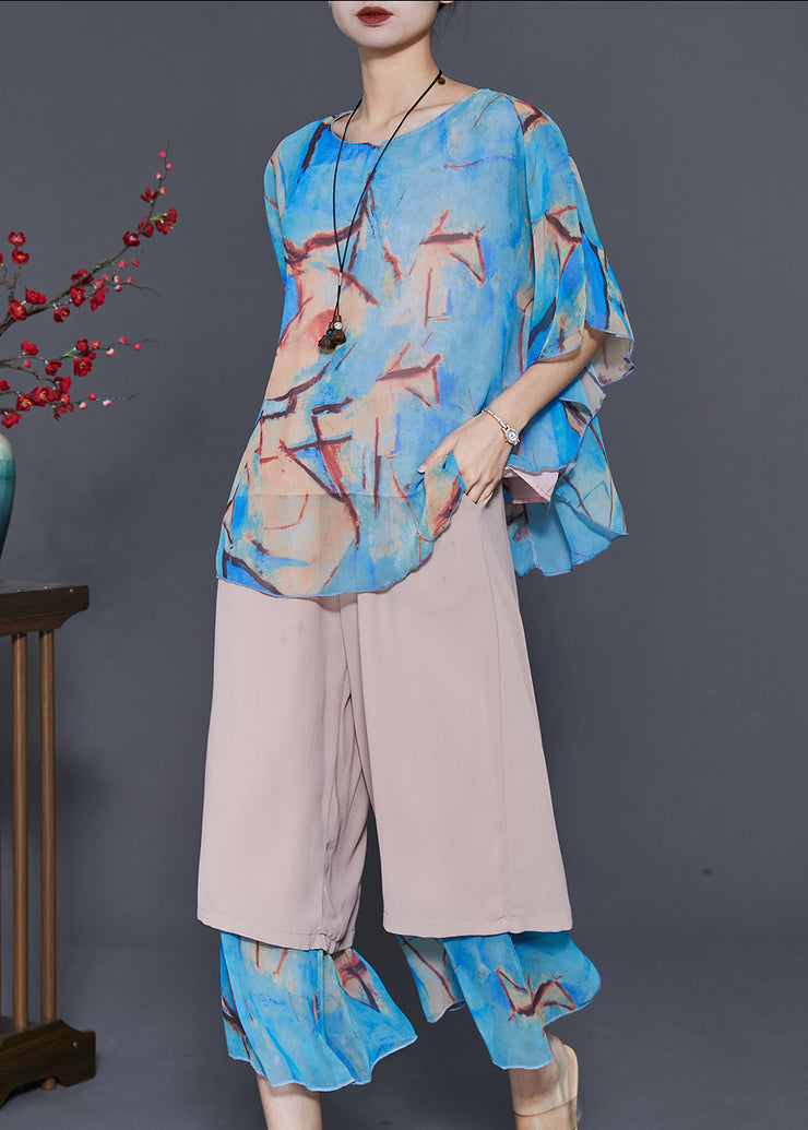 Blue Patchwork Chiffon Women Sets 2 Pieces Oversized Summer