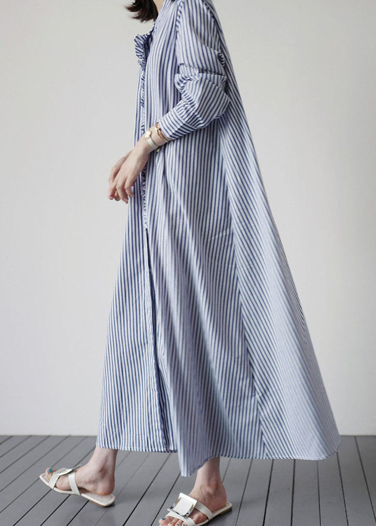 Blue Patchwork Cotton Dresses Ruffled Striped Long Sleeve