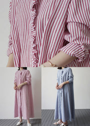 Blue Patchwork Cotton Dresses Ruffled Striped Long Sleeve