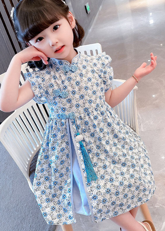 Blue Patchwork Cotton Kids Girls Dresses Tasseled Stand Collar Summer