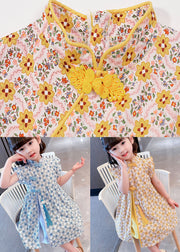 Blue Patchwork Cotton Kids Girls Dresses Tasseled Stand Collar Summer