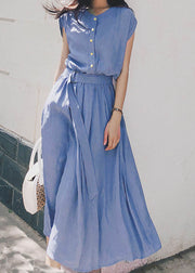 Blue Patchwork Cotton Maxi Dresses O Neck Tie Waist Summer