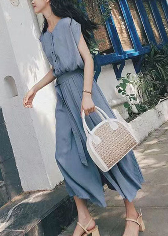 Blue Patchwork Cotton Maxi Dresses O Neck Tie Waist Summer