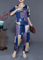 Blue Patchwork Cotton Two-Piece Set Oversized Print Summer