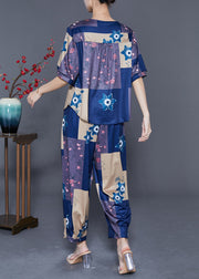 Blue Patchwork Cotton Two-Piece Set Oversized Print Summer