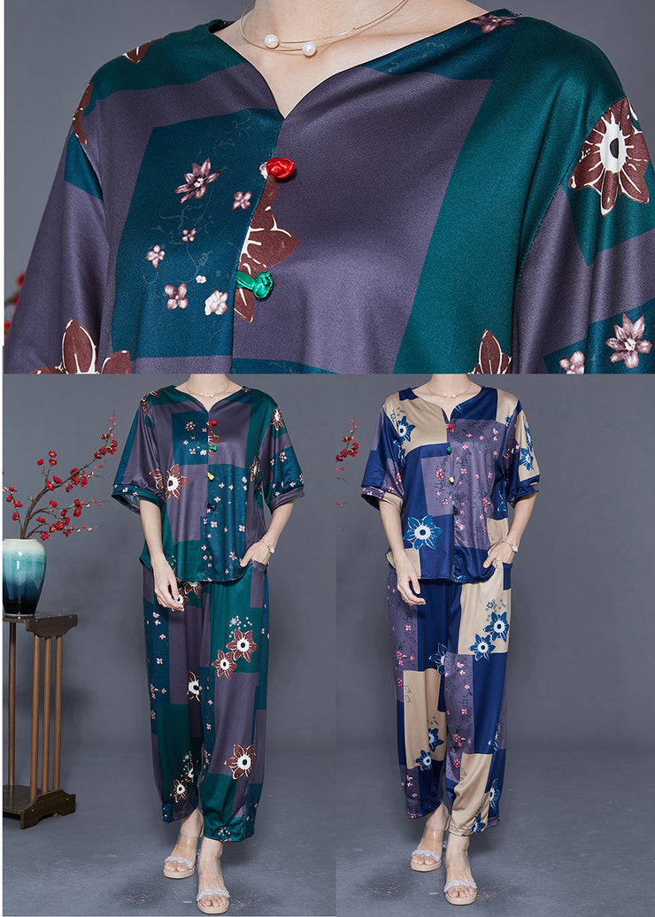 Blue Patchwork Cotton Two-Piece Set Oversized Print Summer