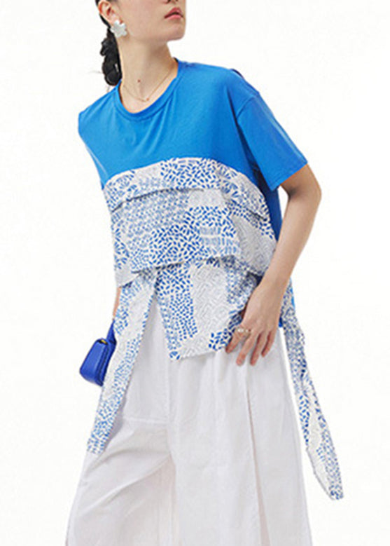 Blue Patchwork Cozy T Shirt Short Sleeve