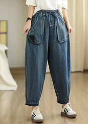 Blue Patchwork Denim Harem Pants Oversized Pockets Spring