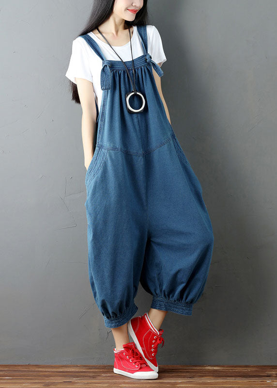 Blue Patchwork Denim Jumpsuits Pants Pockets Wrinkled Summer