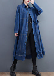 Blue Patchwork Denim Long Trench Coat Peter Pan Collar Long Sleeve