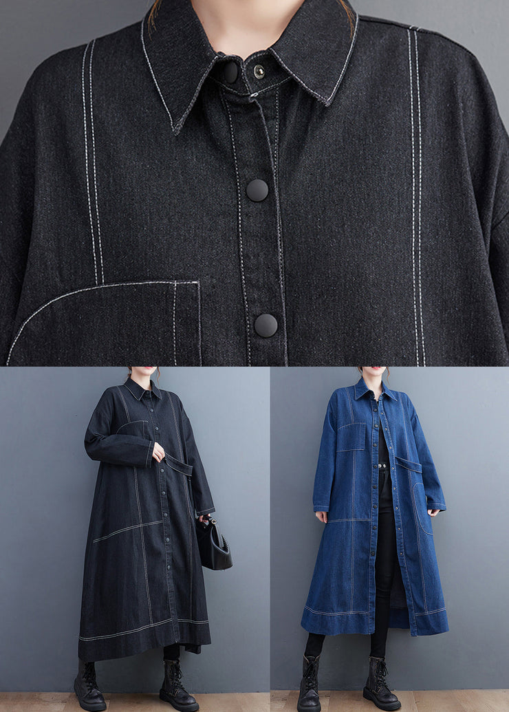 Blue Patchwork Denim Long Trench Coat Peter Pan Collar Long Sleeve