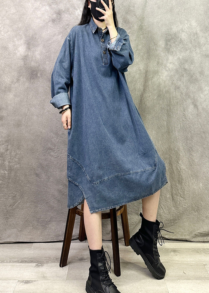 Blue Patchwork Denim Shirts Dresses Peter Pan Collar Long Sleeve