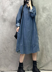 Blue Patchwork Denim Shirts Dresses Peter Pan Collar Long Sleeve