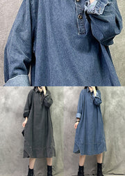 Blue Patchwork Denim Shirts Dresses Peter Pan Collar Long Sleeve