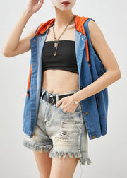 Blue Patchwork Denim Vests Hooded Oversized Fall