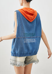 Blue Patchwork Denim Vests Hooded Oversized Fall