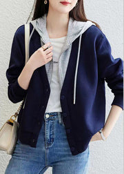 Blue Patchwork False Two Pieces Cotton Hoodie Coat Zip Up Fall