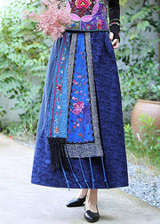 Blue Patchwork High Waist Tassel Maxi Skirts