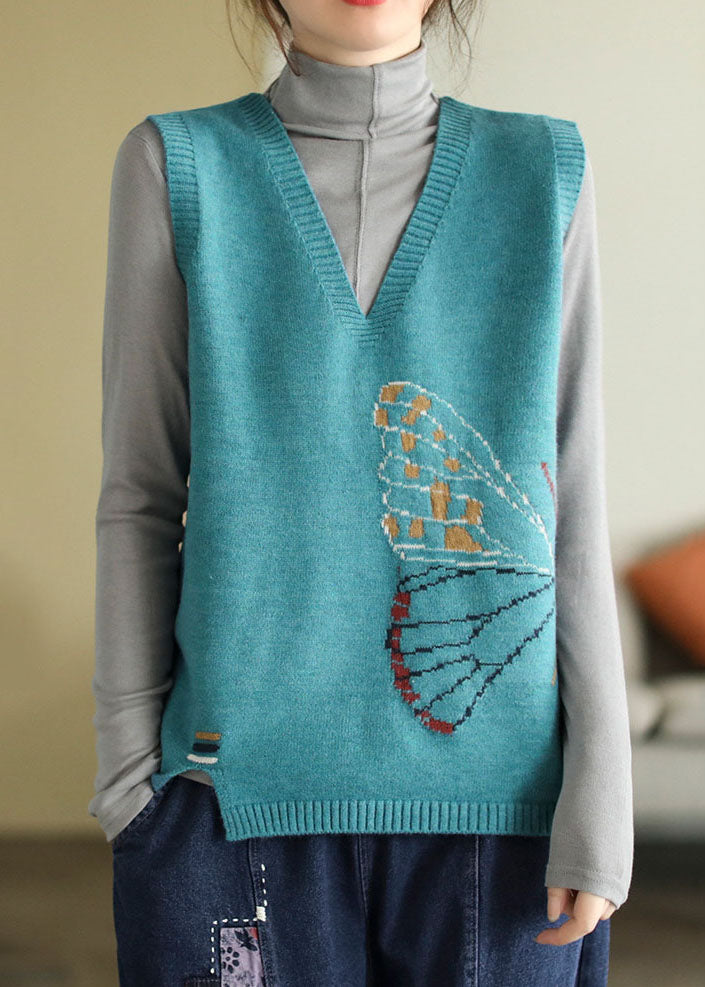 Blue Patchwork Jacquard Knit Vest V Neck Sleeveless