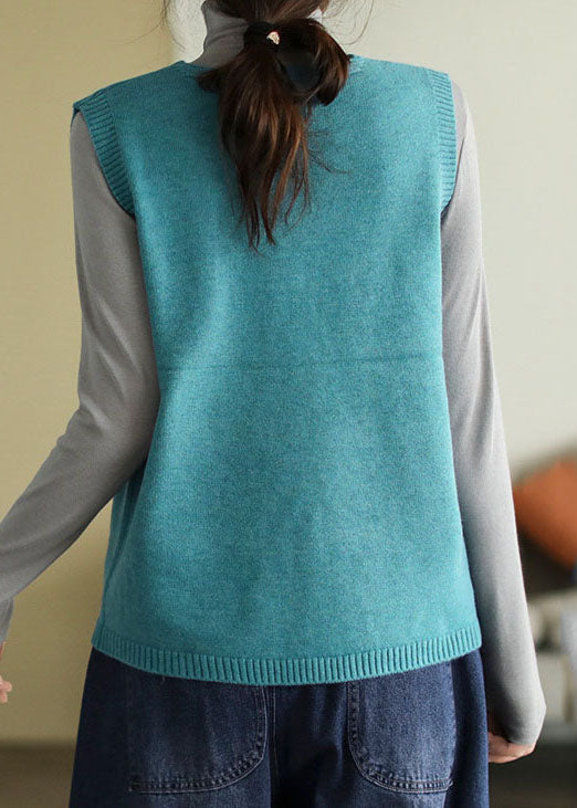 Blue Patchwork Jacquard Knit Vest V Neck Sleeveless