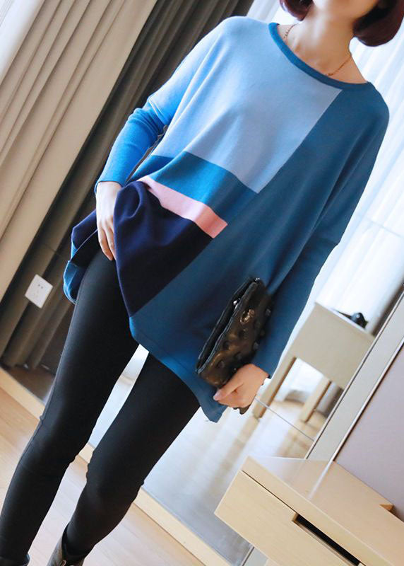 Blue Patchwork Knit Top Oversized O-Neck Spring