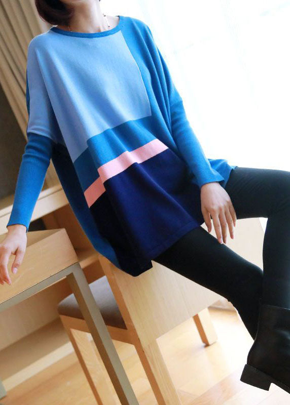 Blue Patchwork Knit Top Oversized O-Neck Spring