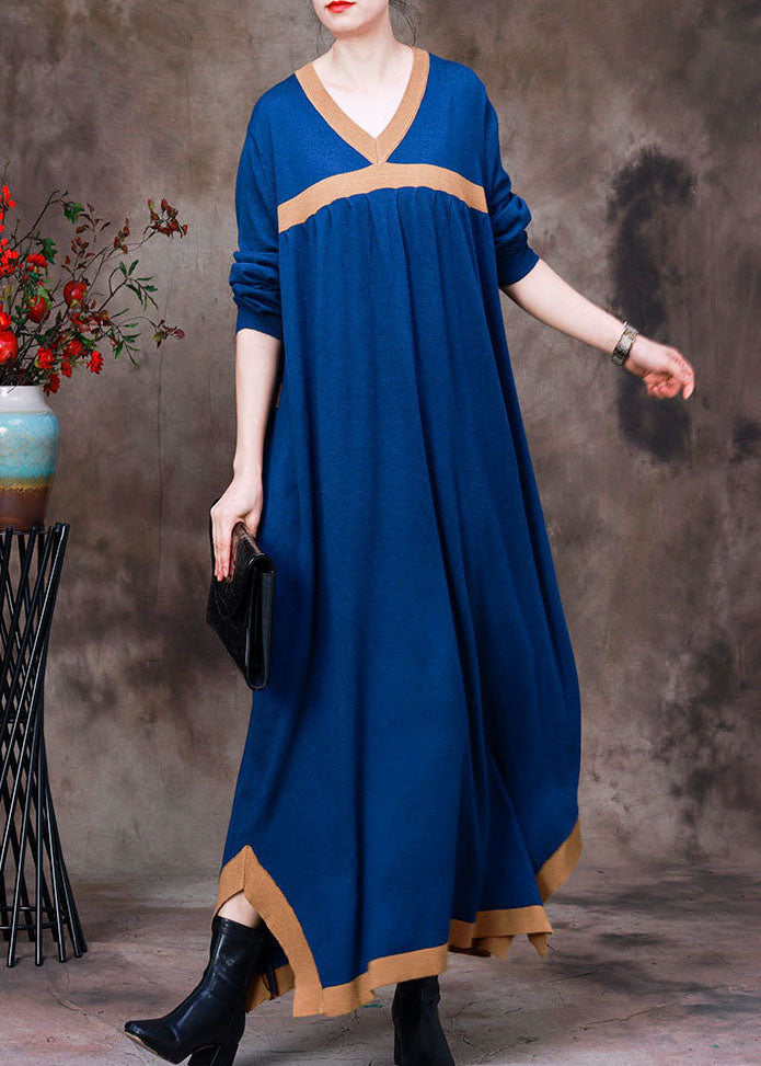 Blue Patchwork Knit Vacation Dresses Asymmetrical Long Sleeve