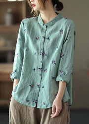 Blue Patchwork Linen Blouse Tops Embroideried Button Long Sleeve