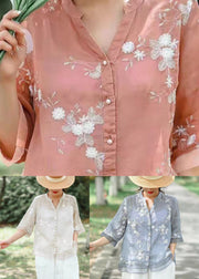 Blue Patchwork Linen Blouse Tops Embroideried V Neck Summer