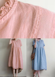 Blue Patchwork Linen Dresses Ruffled Short Sleeve