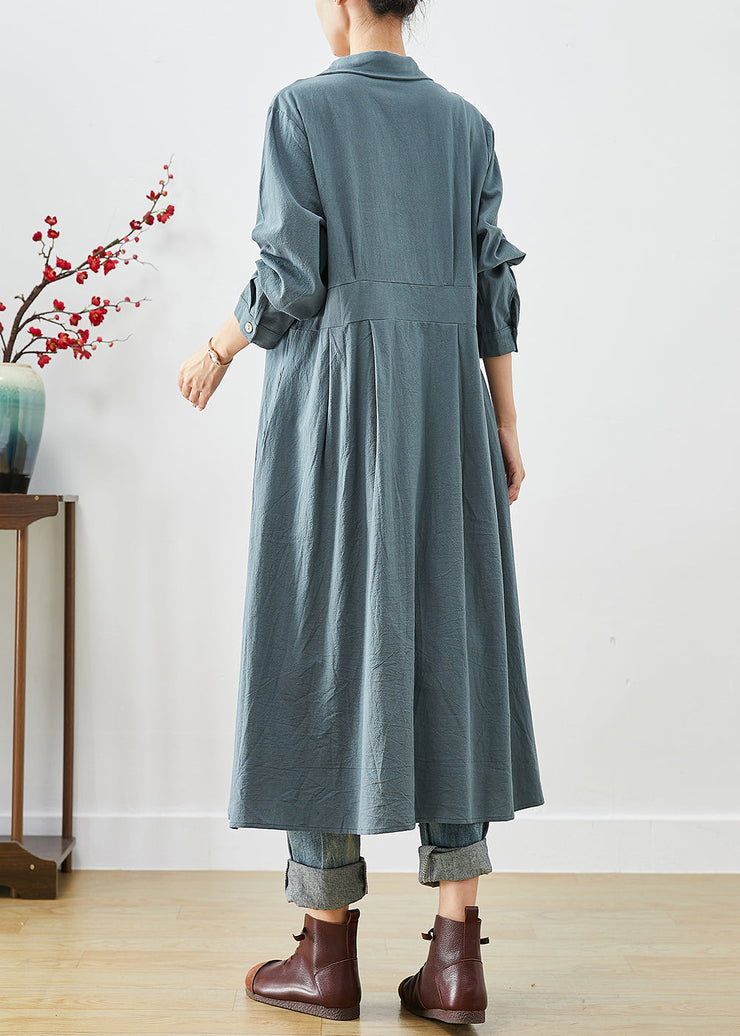 Blue Patchwork Linen Shirt Dress Peter Pan Collar Fall