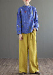 Blue Patchwork Linen Shirt Tops Embroideried Stand Collar Long Sleeve