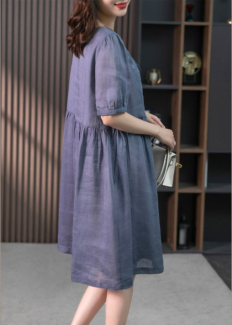 Blue Patchwork Neck Tie Linen Maxi Dresses Short Sleeve