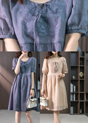 Blue Patchwork Neck Tie Linen Maxi Dresses Short Sleeve