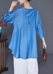 Blue Patchwork Silk Blouse Top Oversized Bracelet Sleeve