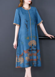 Blue Patchwork Silk Long Dress Oversized Print Half Sleeve