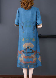 Blue Patchwork Silk Long Dress Oversized Print Half Sleeve