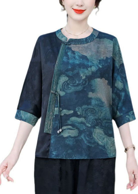 Blue Patchwork Silk T Shirt Top O Neck Tasseled Summer